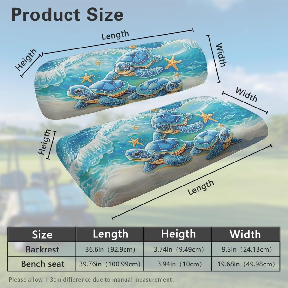 Rarucativ sea turtle cover on club car shows stylish protection for two-seat carts.
