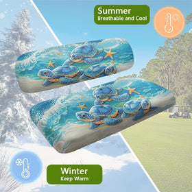 Rarucativ sea turtle seat cover demonstrates durable, abrasion-resistant blue fabric.