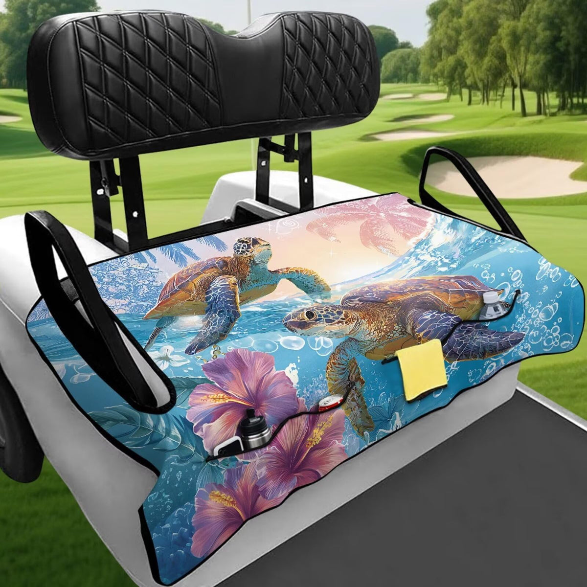 Rarucativ seat cover installed on a club car front seat.
