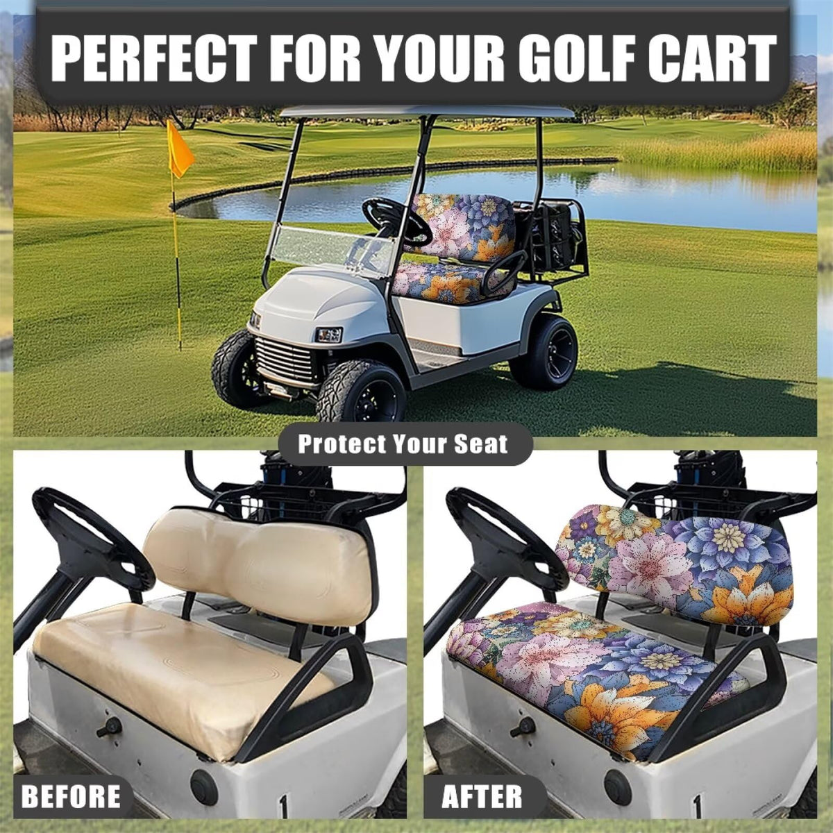 Rarucativ universal fit seat cover with EZGO Club Car compatibility highlighted