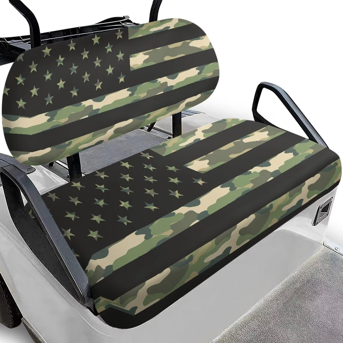 Rarucativ camo-flag seat cover protects golf cart seats and adds style.