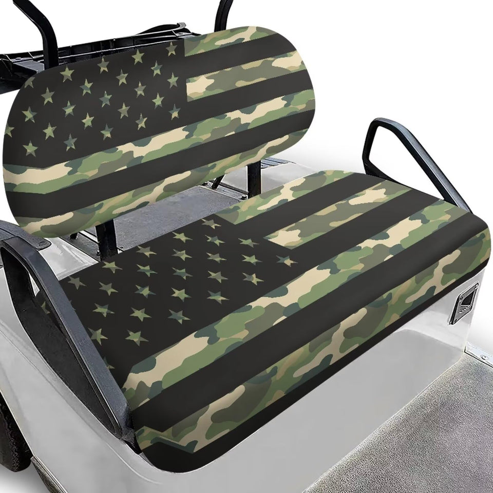 Rarucativ camo-flag seat cover protects golf cart seats and adds style.