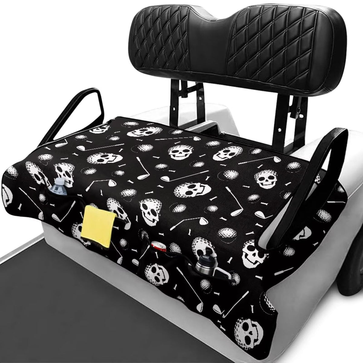 Rarucativ skull golf cart blanket shows four pockets for sunglasses and small gear.