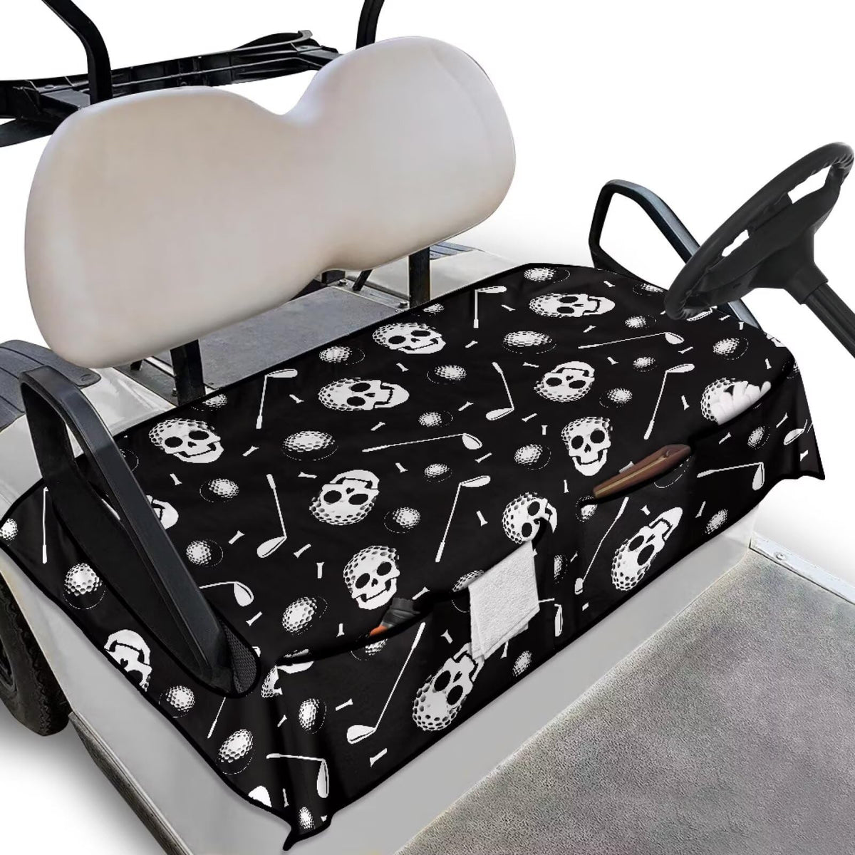 Rarucativ skull golf cart seat cover protects seats with durable fabric.