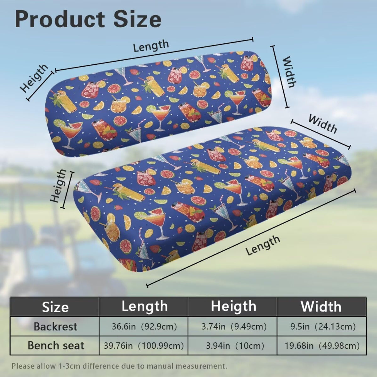 Rarucativ Summer Fruits seat cover fits EZGO, Club Car, and more.