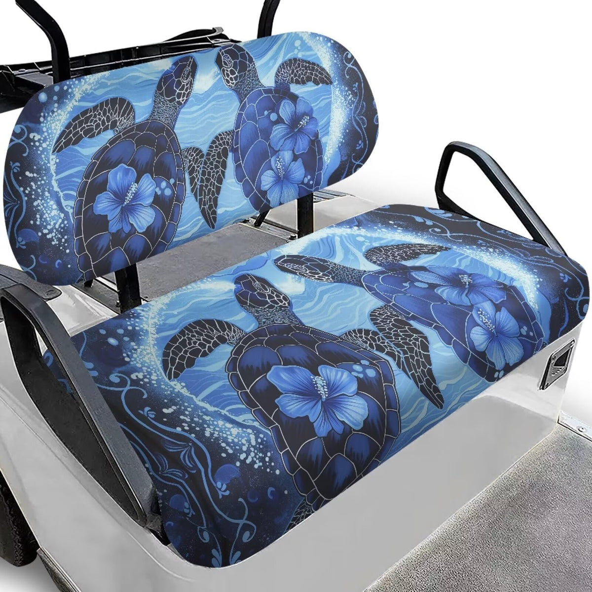 Rarucativ Turtle Flower seat cover front view with non-slip grip on a golf cart