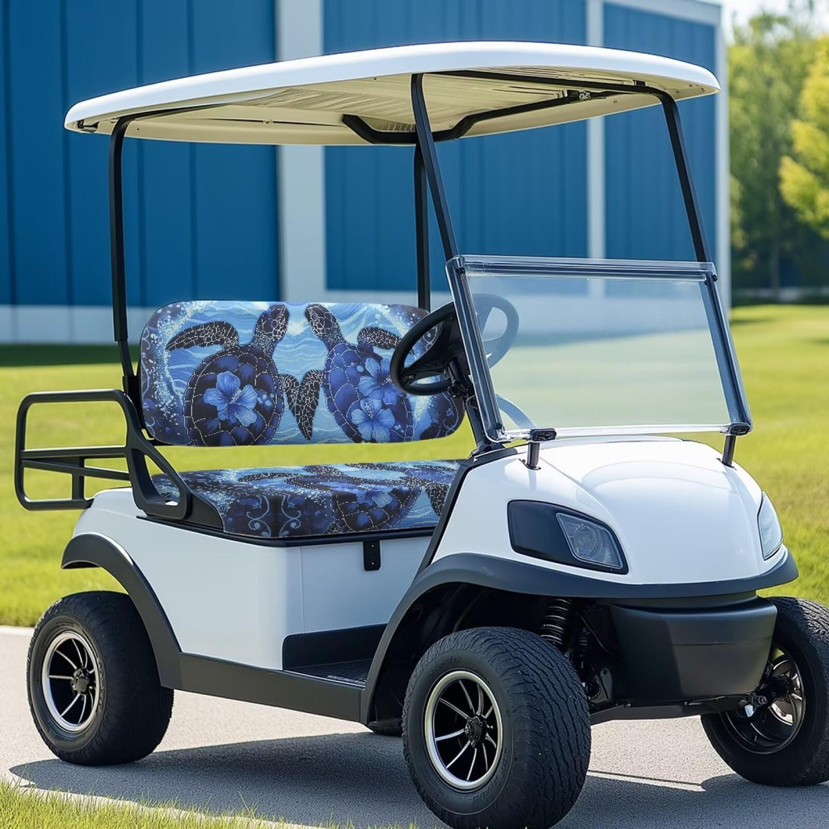 Rarucativ Turtle Flower seat cover side view highlighting universal fit for EZGO and Club Car