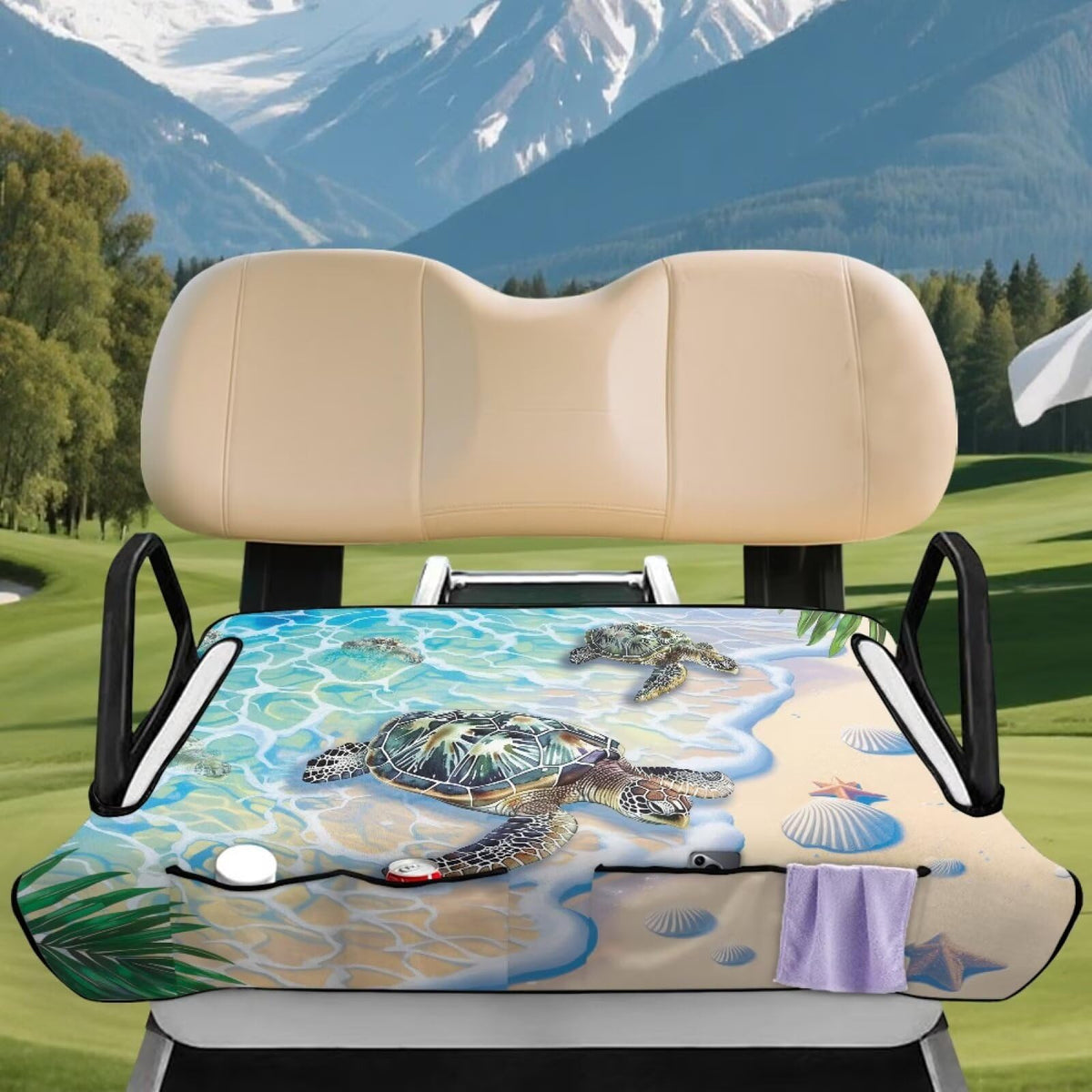 Back view of the Rarucativ Turtle Print seat blanket showing snug fit.