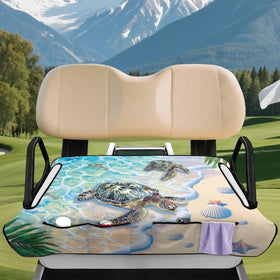 Back view of the Rarucativ Turtle Print seat blanket showing snug fit.