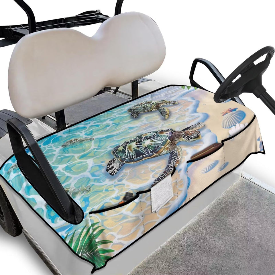 Rarucativ Turtle Print Golf Cart Seat Blanket with four front pockets for easy storage.
