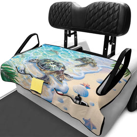 Side view of the Rarucativ Turtle Print Golf Cart Seat Blanket on a two-person cart.