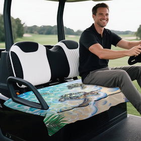 Demonstration of universal fit on EZGO and Club Car two-person seats.