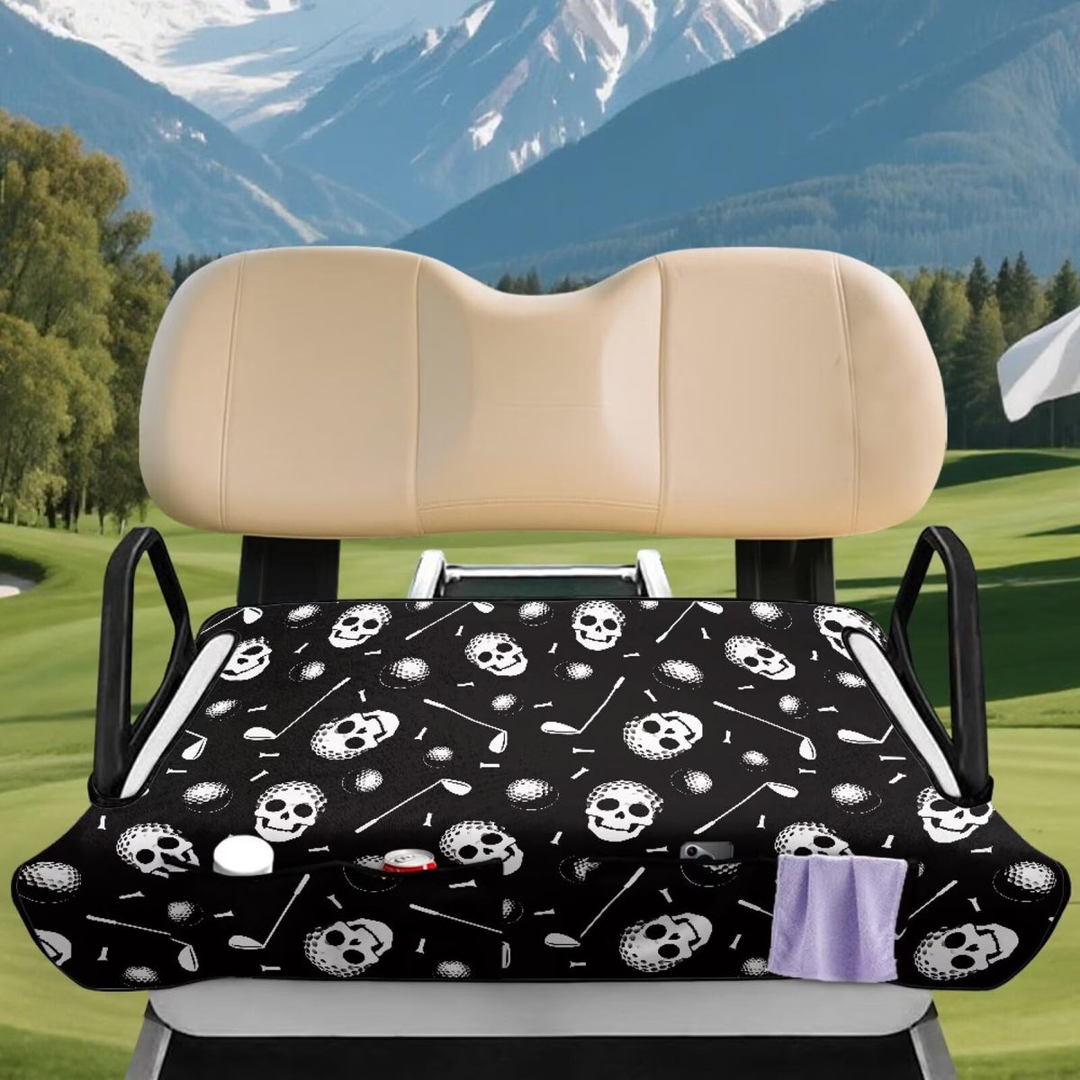 Rarucativ universal-fit seat cover demonstrates compatibility with EZGO, Club Car, and more.