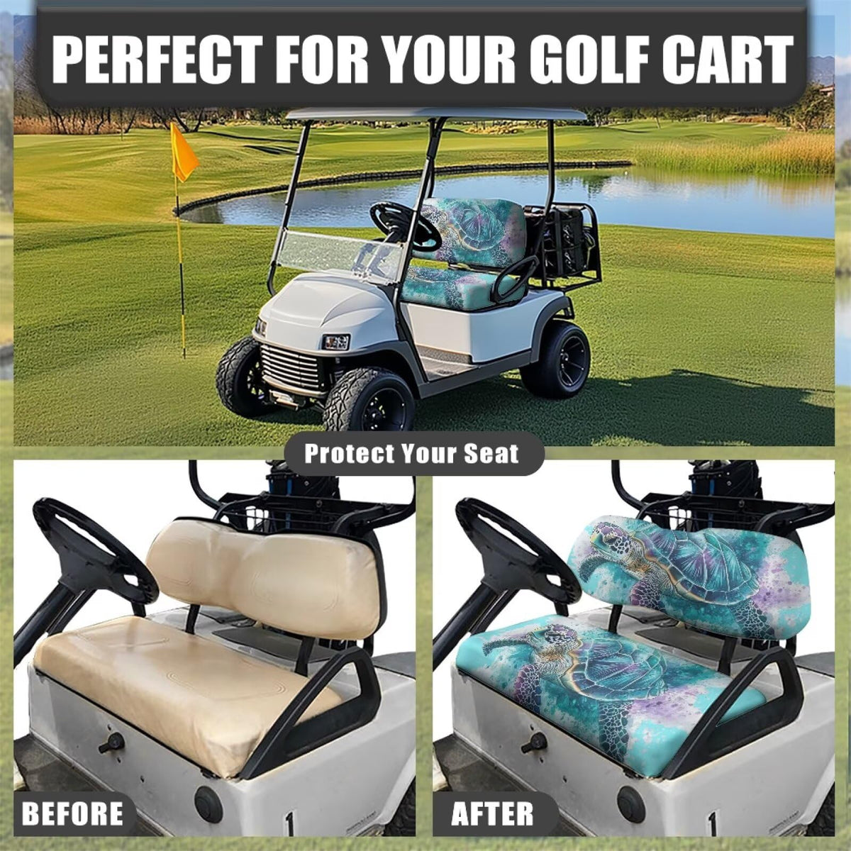 Rarucativ universal-fit seat cover fits EZGO, Club Car, more.