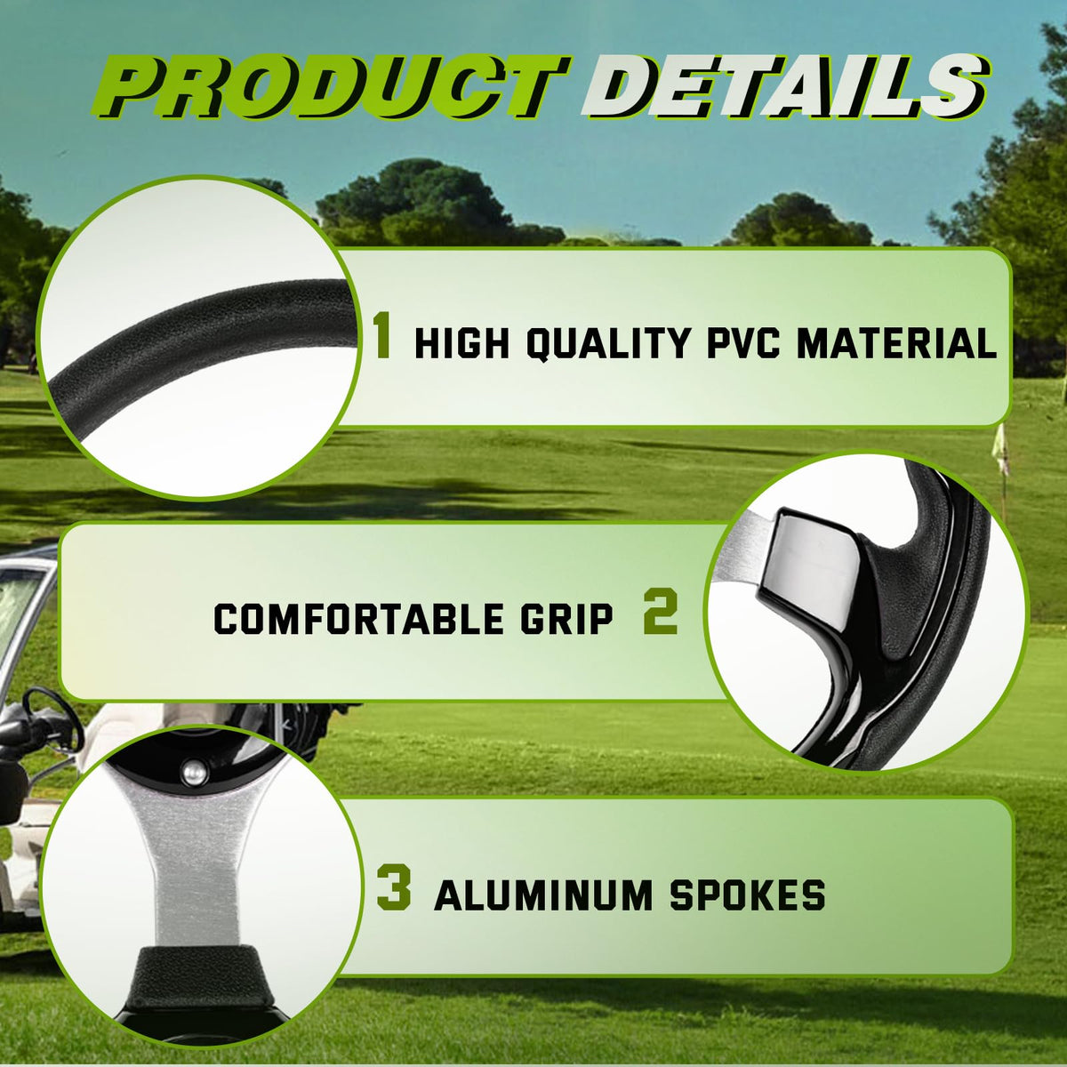 RASTP steering wheel for Club Car Precedent with durable PVC and aluminum construction for daily use
