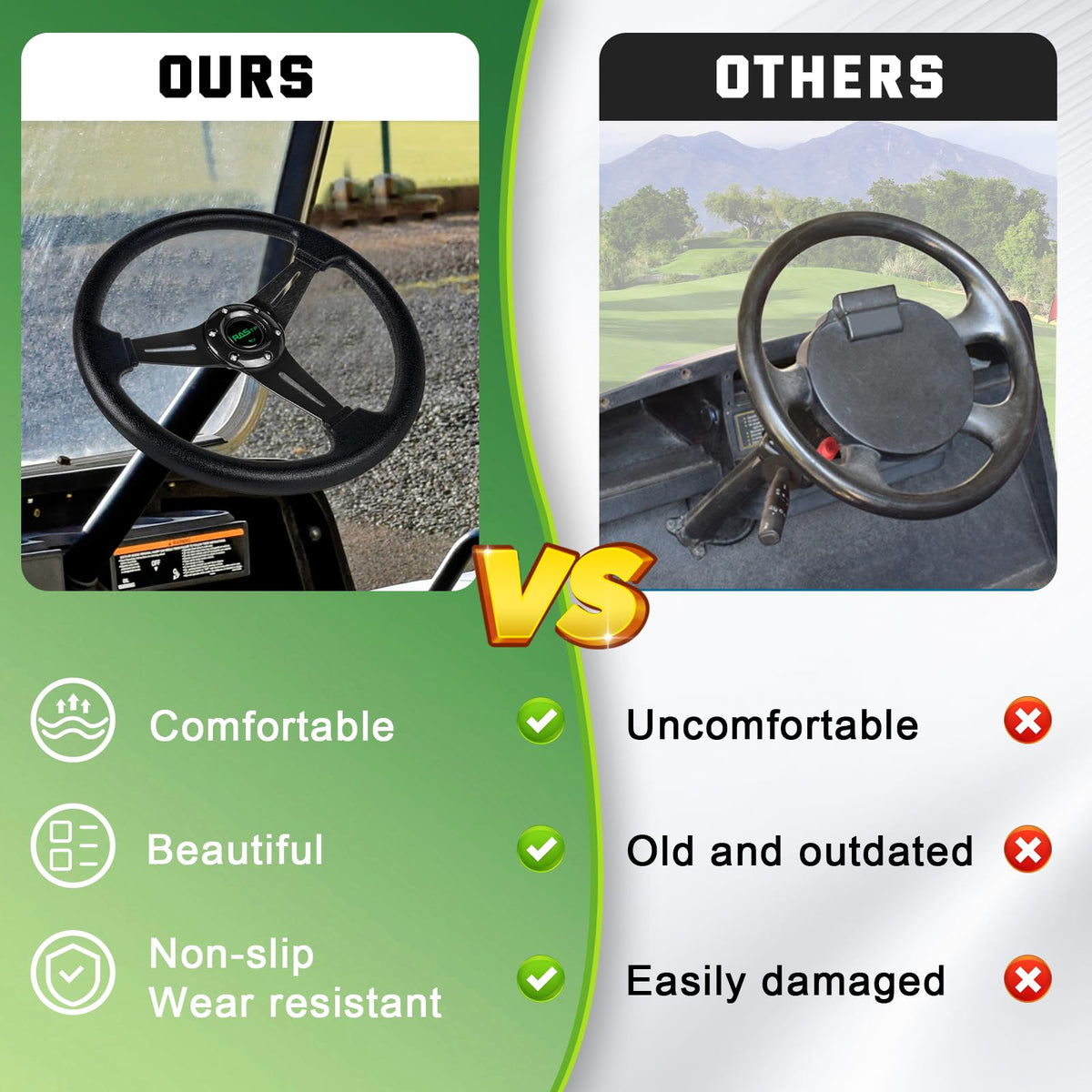 RASTP 13.8'' steering wheel for EZGO RXV/TXT enhances control and feel.