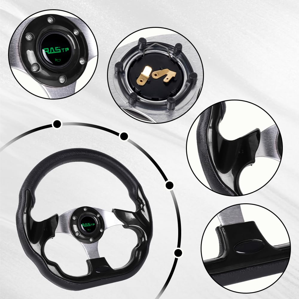 RASTP D Shape steering wheel close-up in black showing the ergonomic grip.