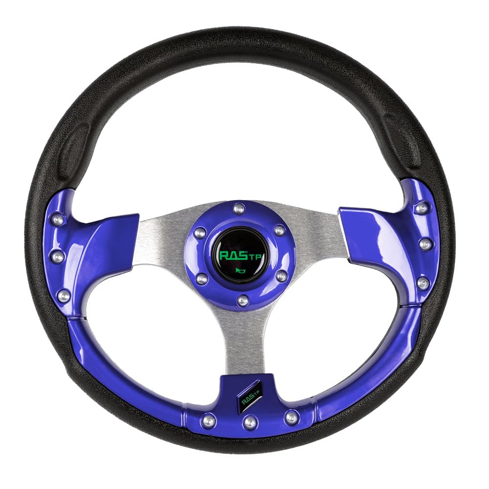 RASTP 12.6-inch blue steering wheel close-up with premium vinyl wrap