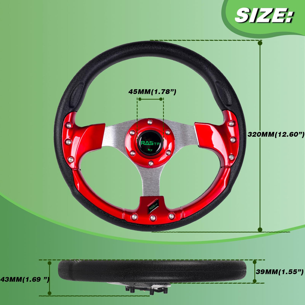RASTP aluminum-framed red steering wheel for long-lasting performance.