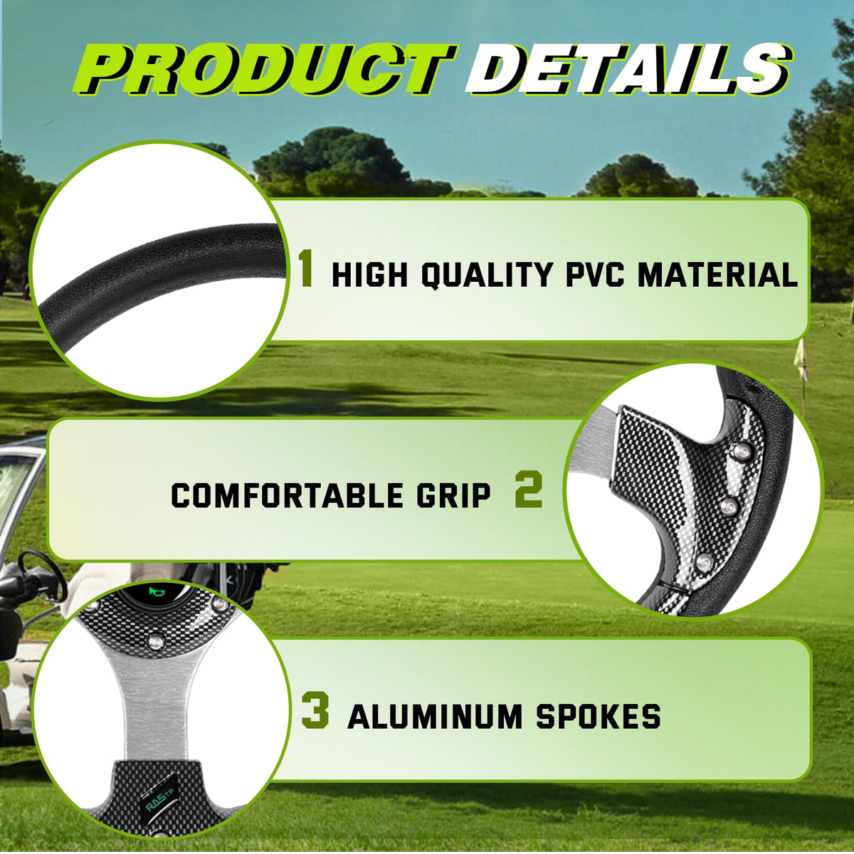 RASTP steering wheel with included wrench for easy installation on EZGO and Yamaha carts.