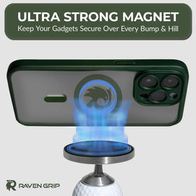 Raven Grip MagSafe-ready cart mount keeps iPhone secure on the course.