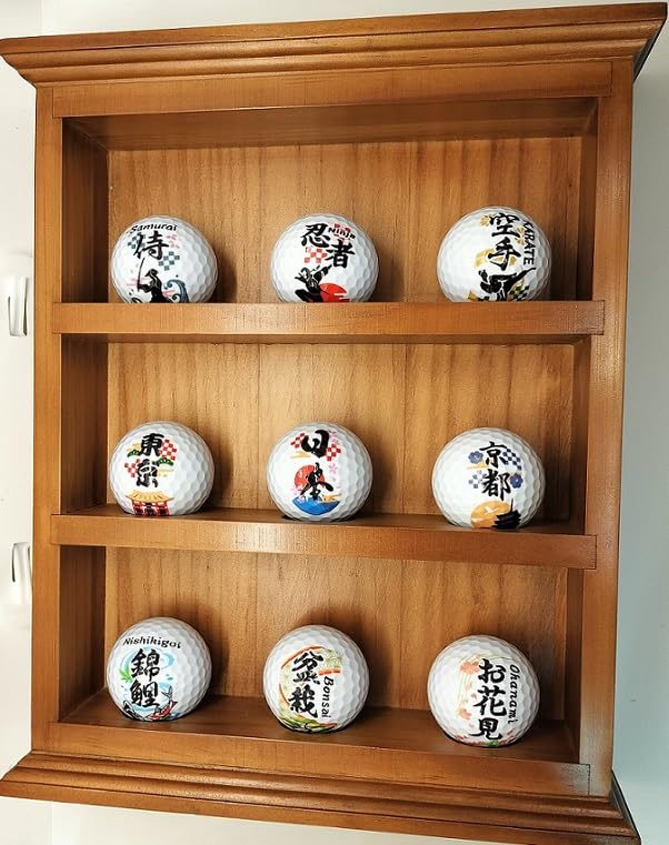RB東京 golfball with wooden display case showcases Japanese illustrations elegantly for home decor