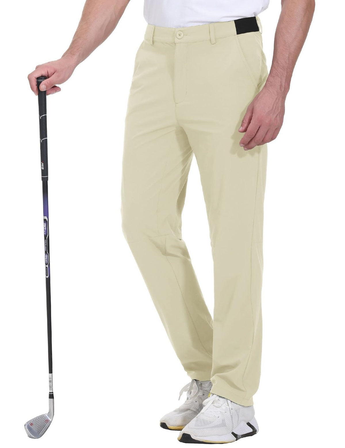 Rdruko golf pants for men, relaxed fit with stretch fabric in close-up detail.