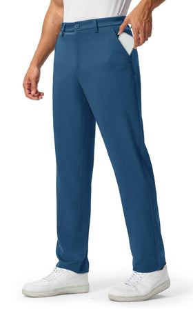 Rdruko golf pants in denim blue fabric show lightweight, wrinkle-resistant material
