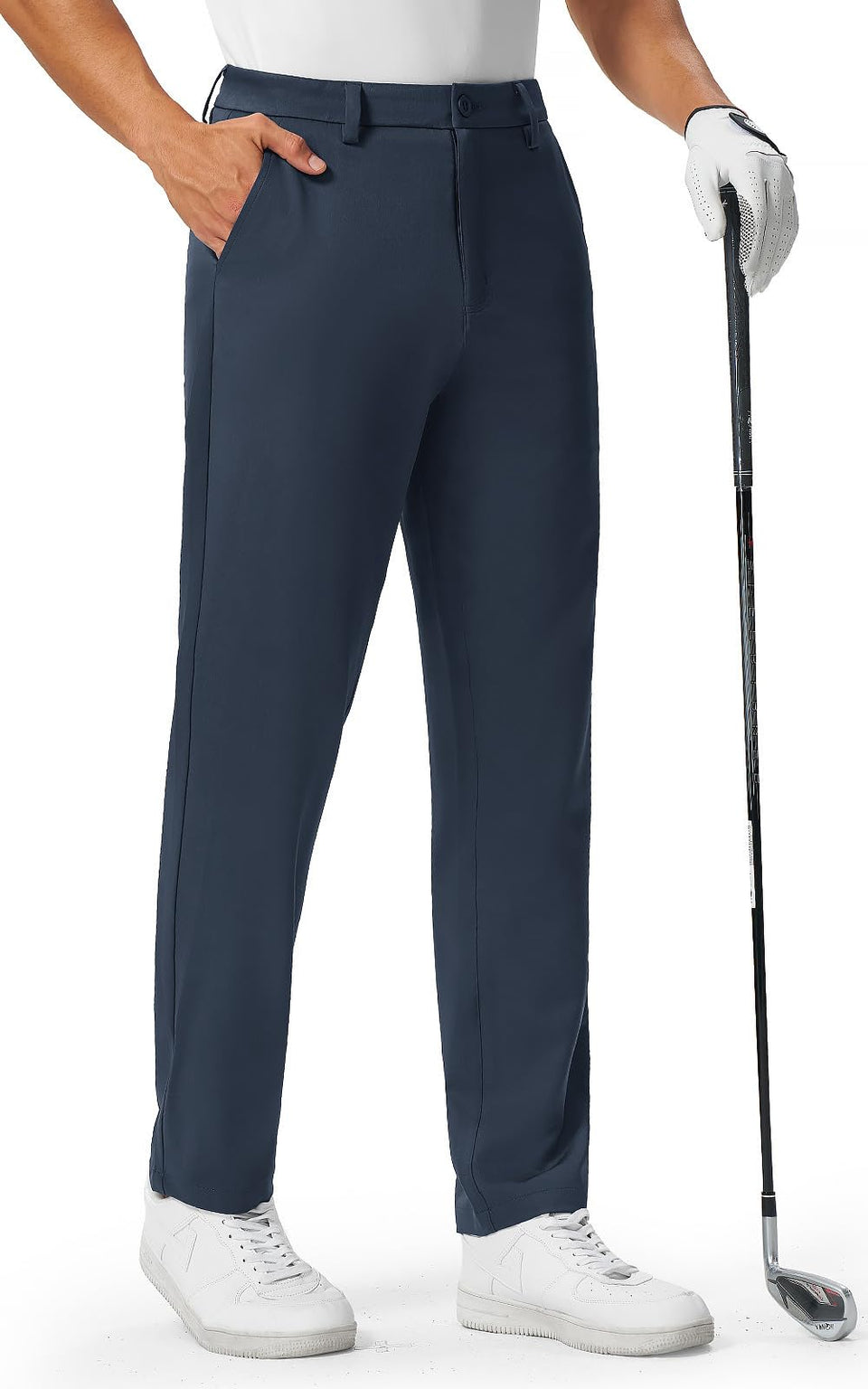 Rdruko men's golf pants stretch front view; flexible fabric enables easy movement during swings.
