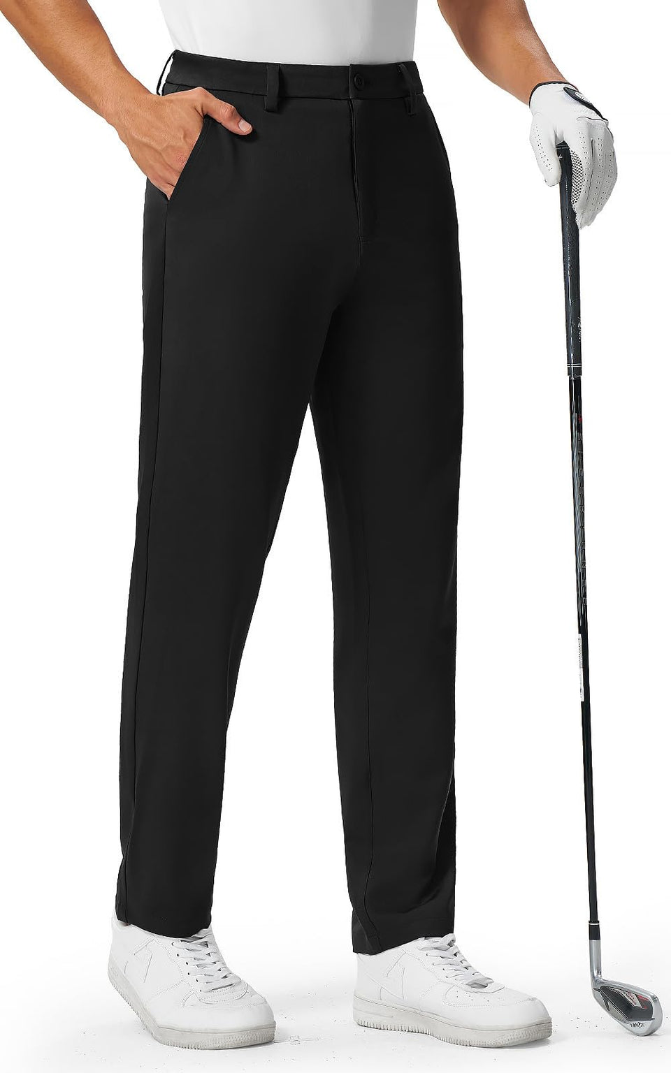 Rdruko men's golf pants stretch front view, showing lightweight comfort for outdoor rounds