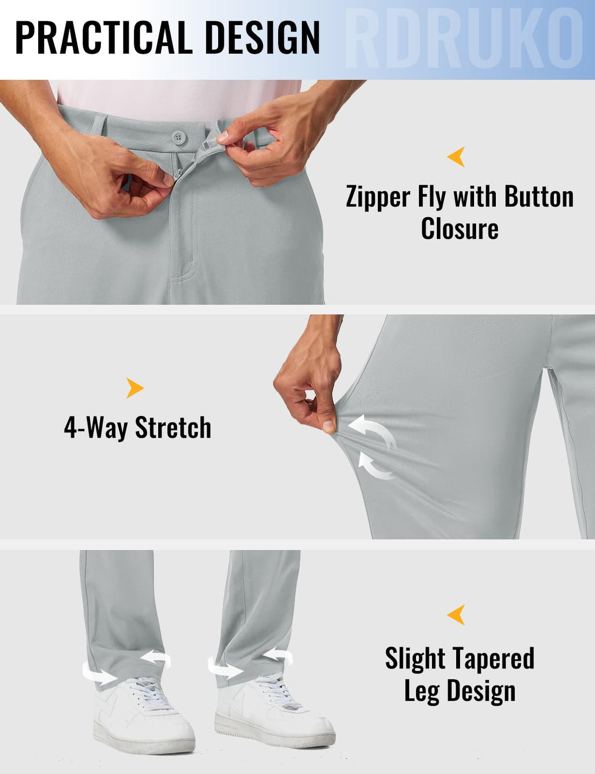 Rdruko waistband and belt loops offer secure, adjustable fit.
