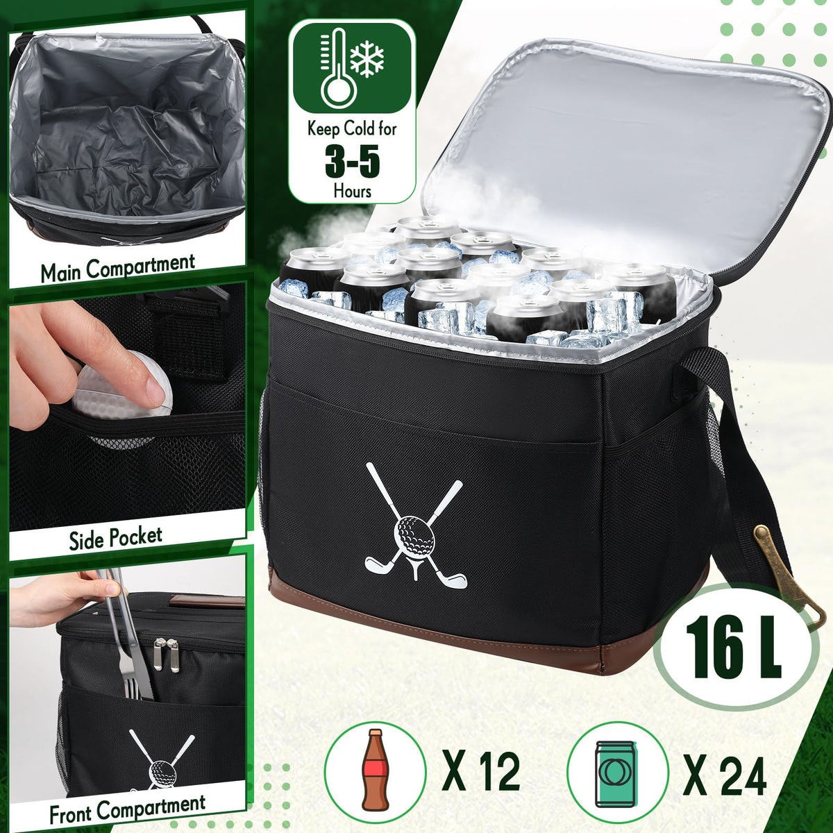 Reallnaive black cooler bag shown on a golf cart with durable exterior