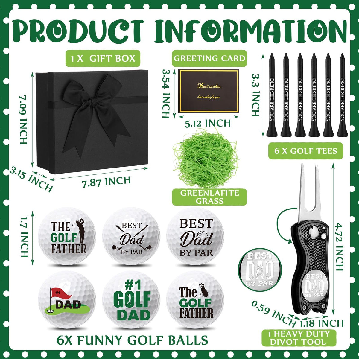 Realspring six-pack golf tees included for on-course convenience.