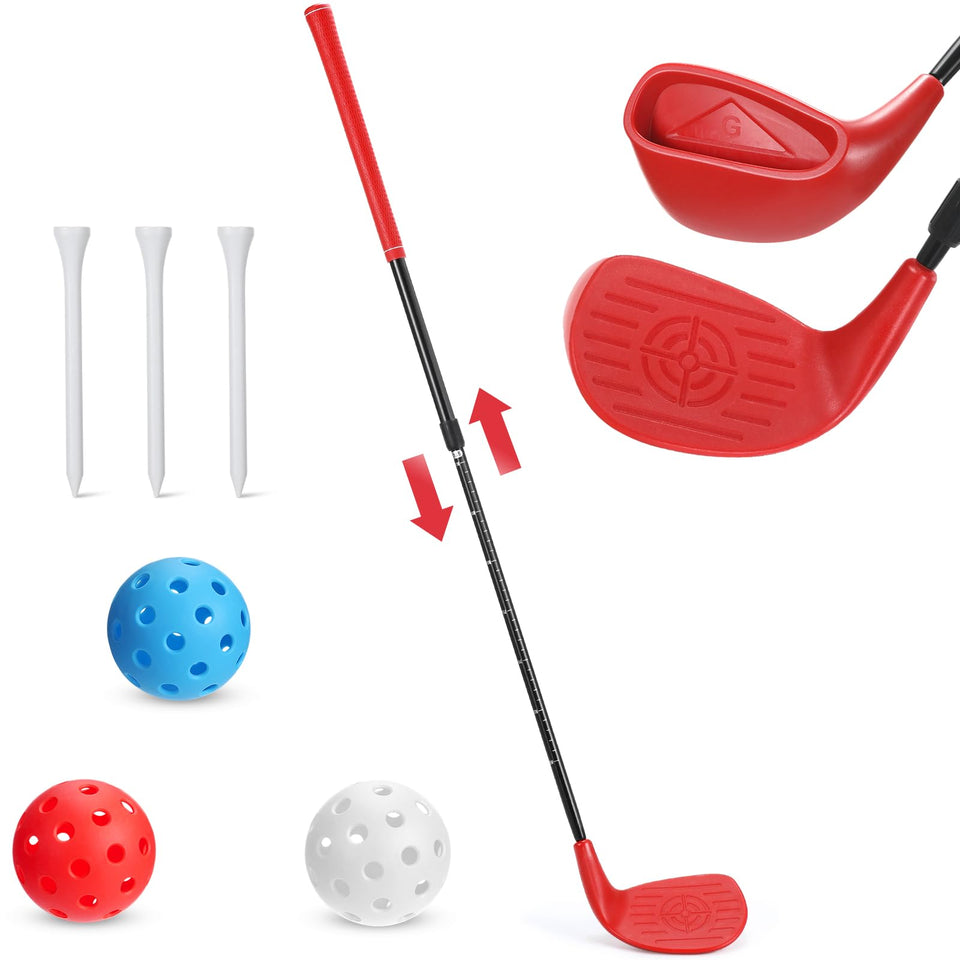 Realspring adjustable left-hand backyard golf club in red for versatile height and swings