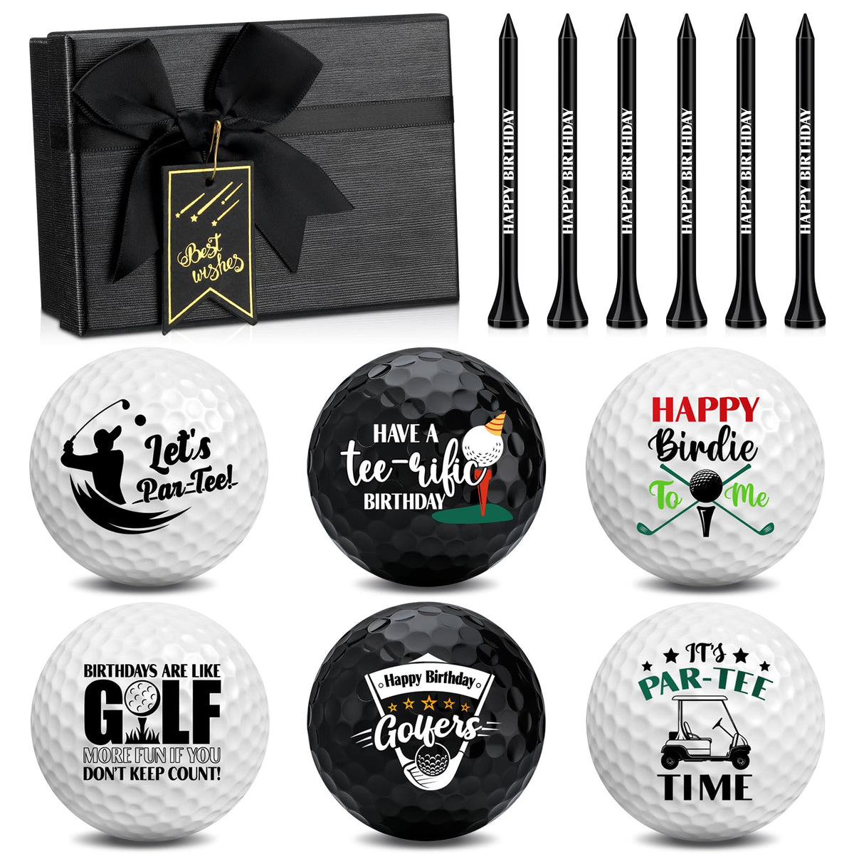 Realspring happy birthday golf balls on display with festive designs for celebrations on the course