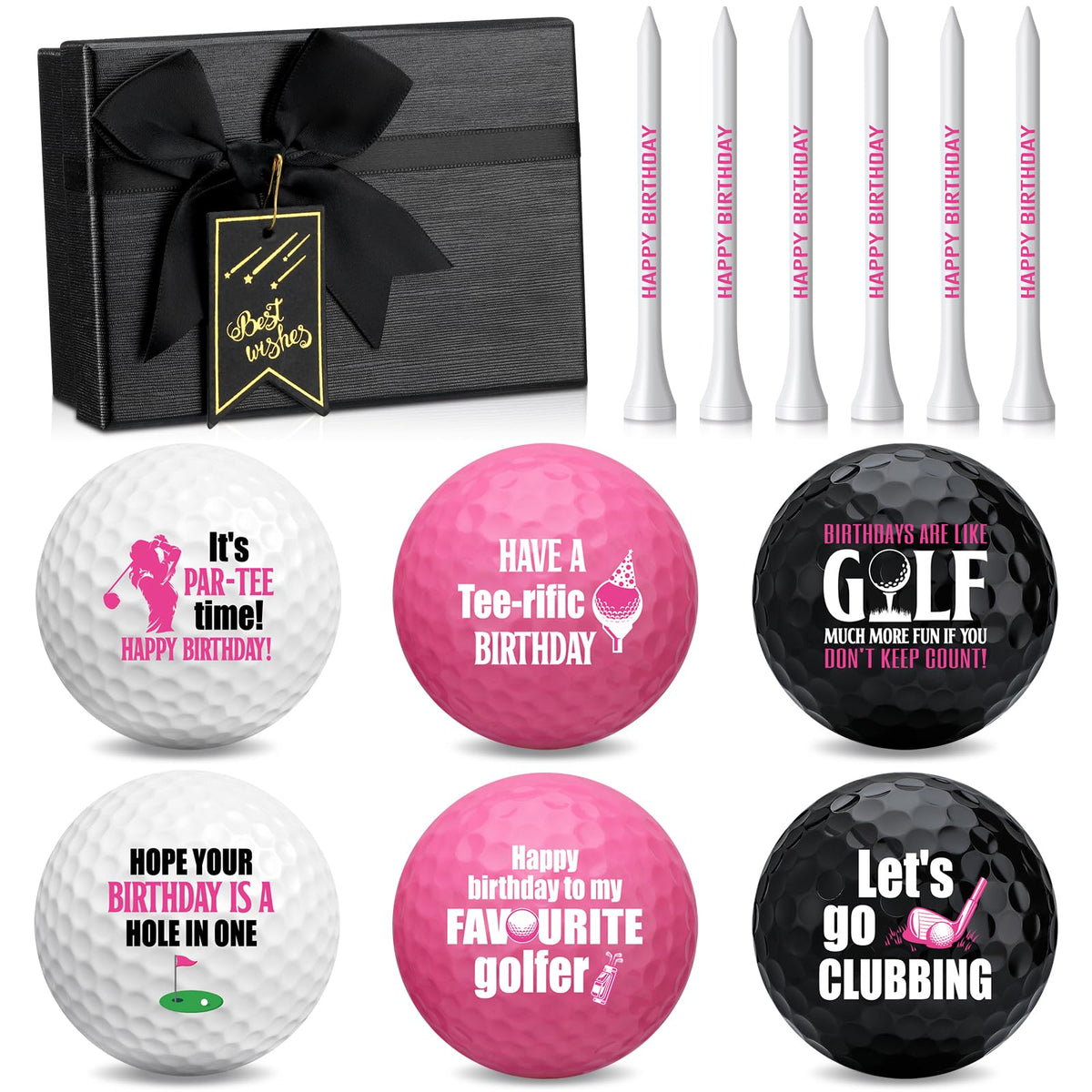 RealSpring Happy Birthday golf balls with pink designs for a fun celebration.