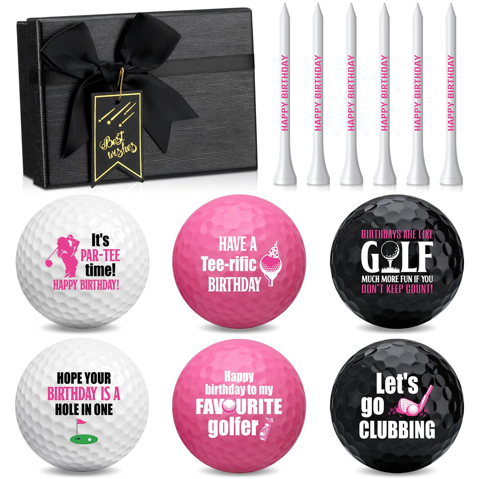 RealSpring Happy Birthday golf balls with pink designs for a fun celebration.
