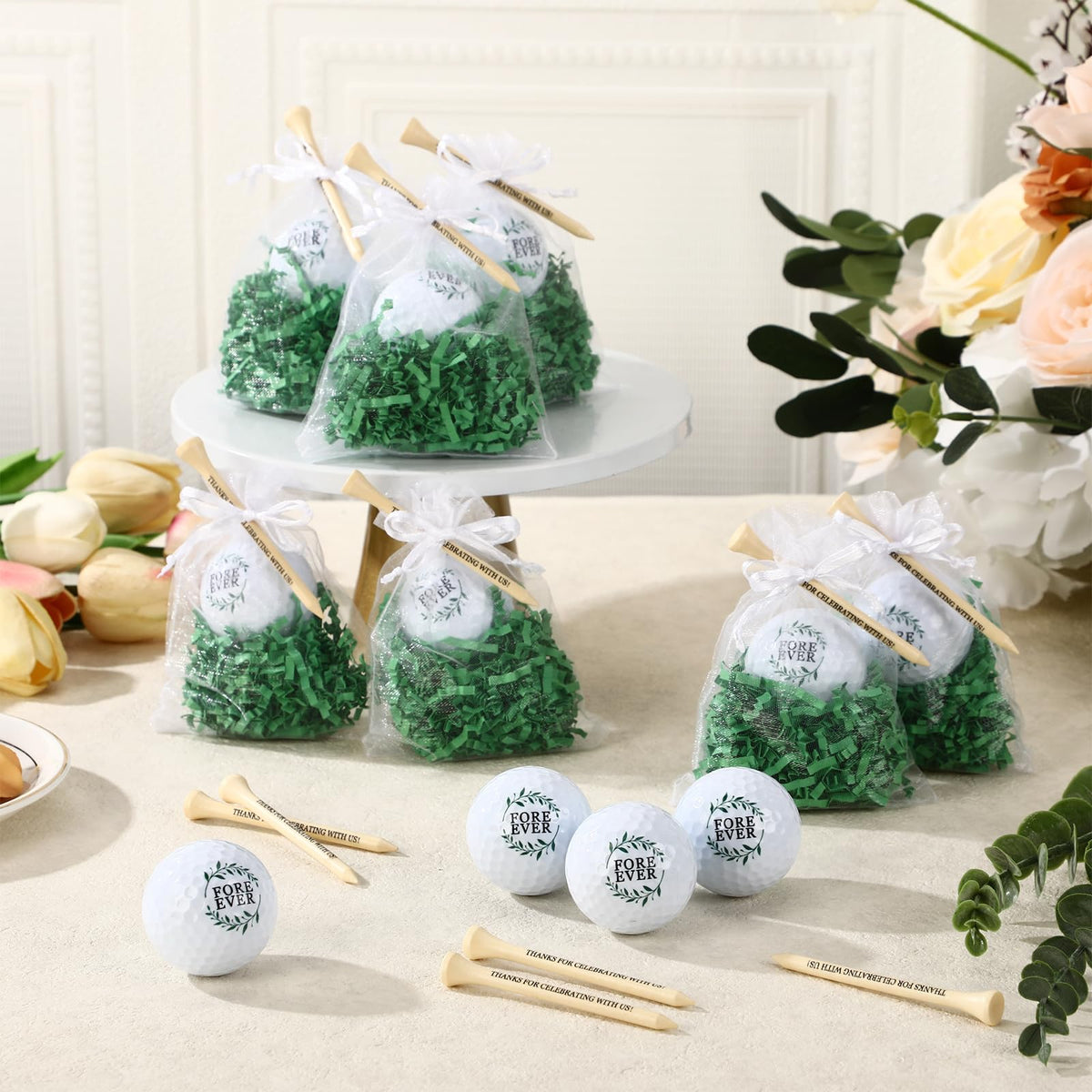 Realspring mesh carrying bags showcasing coordinated wedding favors.