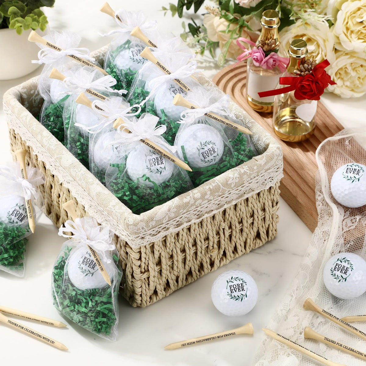 Realspring complete wedding gift set includes balls, tees, and bags.