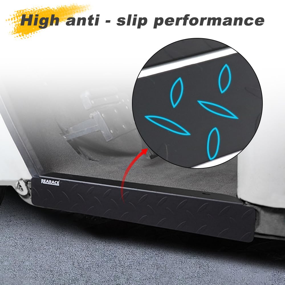 REARACE debris protection rocker panel closeup showing galvanized anti-slip plate finish.