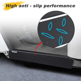 REARACE debris protection rocker panel closeup showing galvanized anti-slip plate finish.