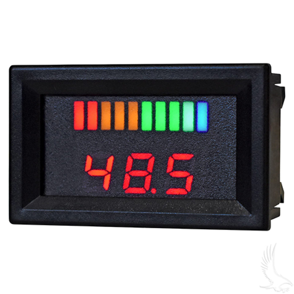 Red Hawk CGR-135 charge meter on golf cart dashboard for clear battery status.
