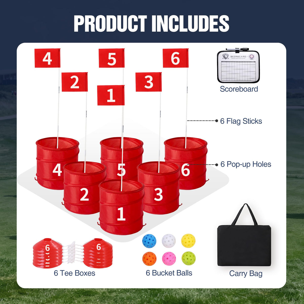 RedSwing Bucketgolf Game tee boxes illustrate ready-to-play setup.