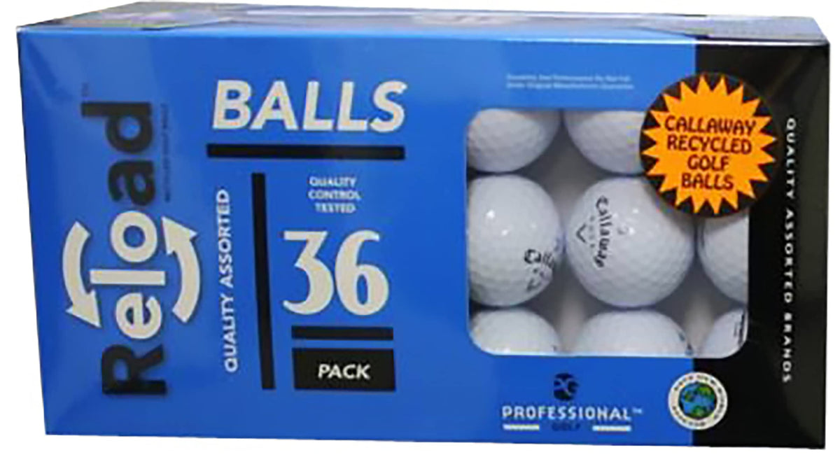 Reload Callaway mix second-quality golf balls in a box, ideal for practice sessions.