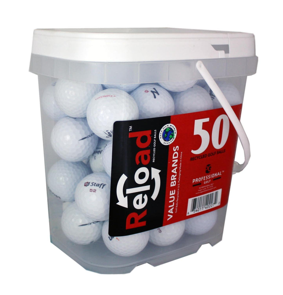 Reload Recycled Golf Balls 50-Ball Bucket white for eco-friendly practice sessions.