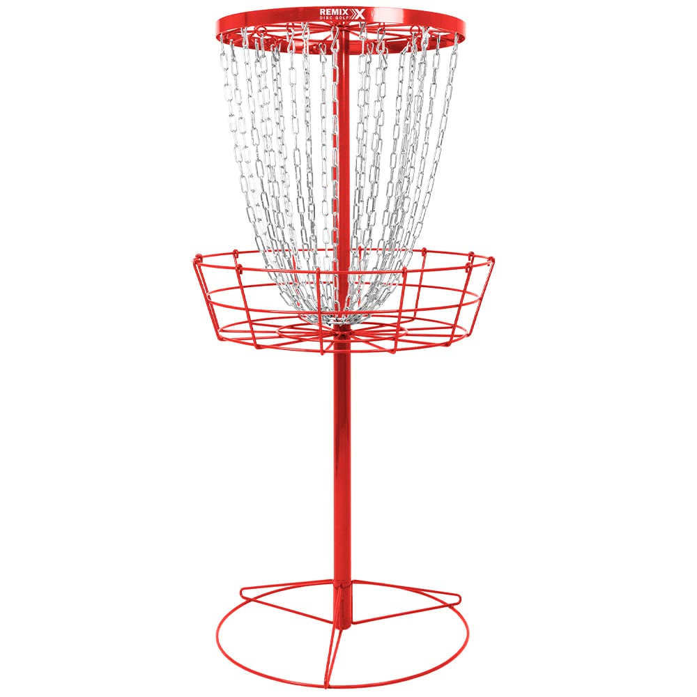 Remix Deluxe 24-Chain Basket red front view, portable disc golf practice target.