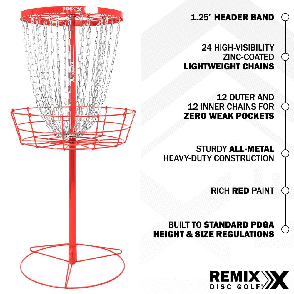 Remix Deluxe 24-Chain Basket red side view, sturdy exterior for outdoor training.