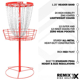 Remix Deluxe 24-Chain Basket red side view, sturdy exterior for outdoor training.