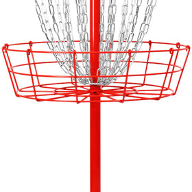 Remix Disc Golf Double Chain Basket red, assembly view, tool-free setup in minutes