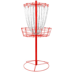 Remix Disc Golf Double Chain Basket red, front view, a durable backyard practice target